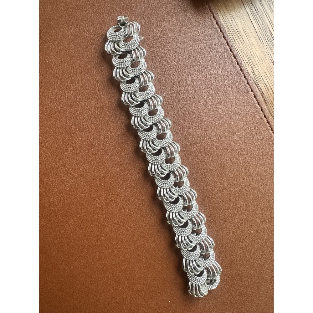 Vintage 60s Panel Link Bracelet Silver Tone Textured Rope Look 7"